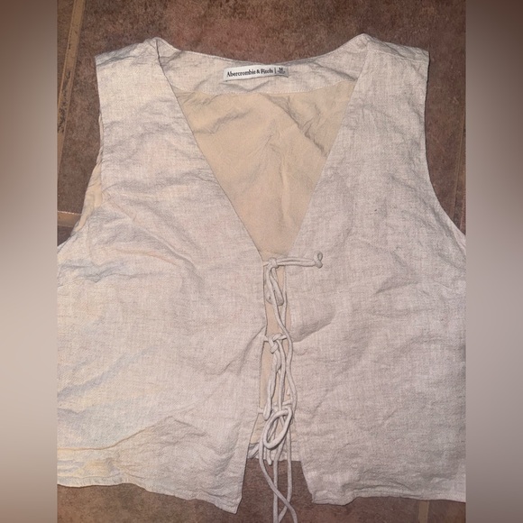 Abercrombie & Fitch Linen-Blend Tie-Front Vest oatmeal heather tan size medium - Picture 6 of 11